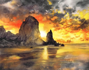 peinture à l’aquarelle de coucher de soleil de plage, art de bord de mer, paysage marin d’origine, art de paysage marin atmosphérique, peinture de littoral, nuages de coucher de soleil