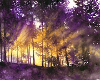 woodland landscape painting, original watercolor, purple trees watercolor painting, bedroom wall decor, sunset light, violet forest art