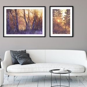 sunny treescape, watercolor painting wall art prints, aquarelle print, moody landscape painting, forest light, purple trees watercolor image 9