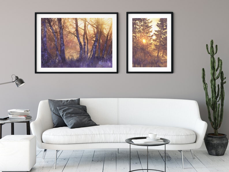 sunny treescape, watercolor painting wall art prints, aquarelle print, moody landscape painting, forest light, purple trees watercolor image 9