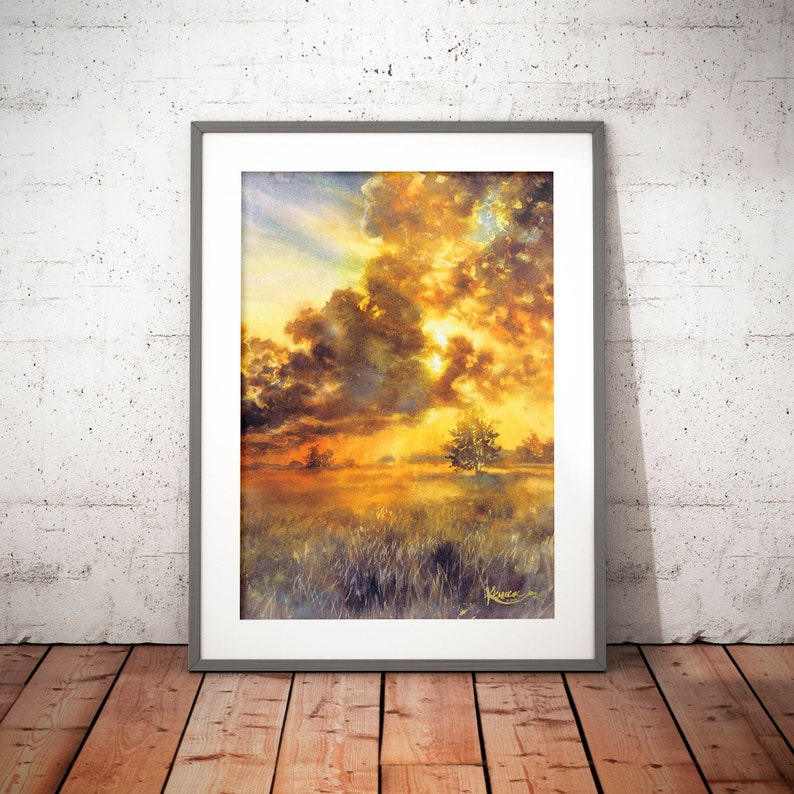 cloudy sky painting print, sunset sky wall art prints, moody watercolor landscape, sunset clouds, warm sunset light, above bed wall decor image 1