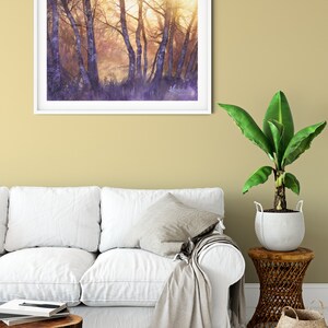 sunny treescape, watercolor painting wall art prints, aquarelle print, moody landscape painting, forest light, purple trees watercolor image 6