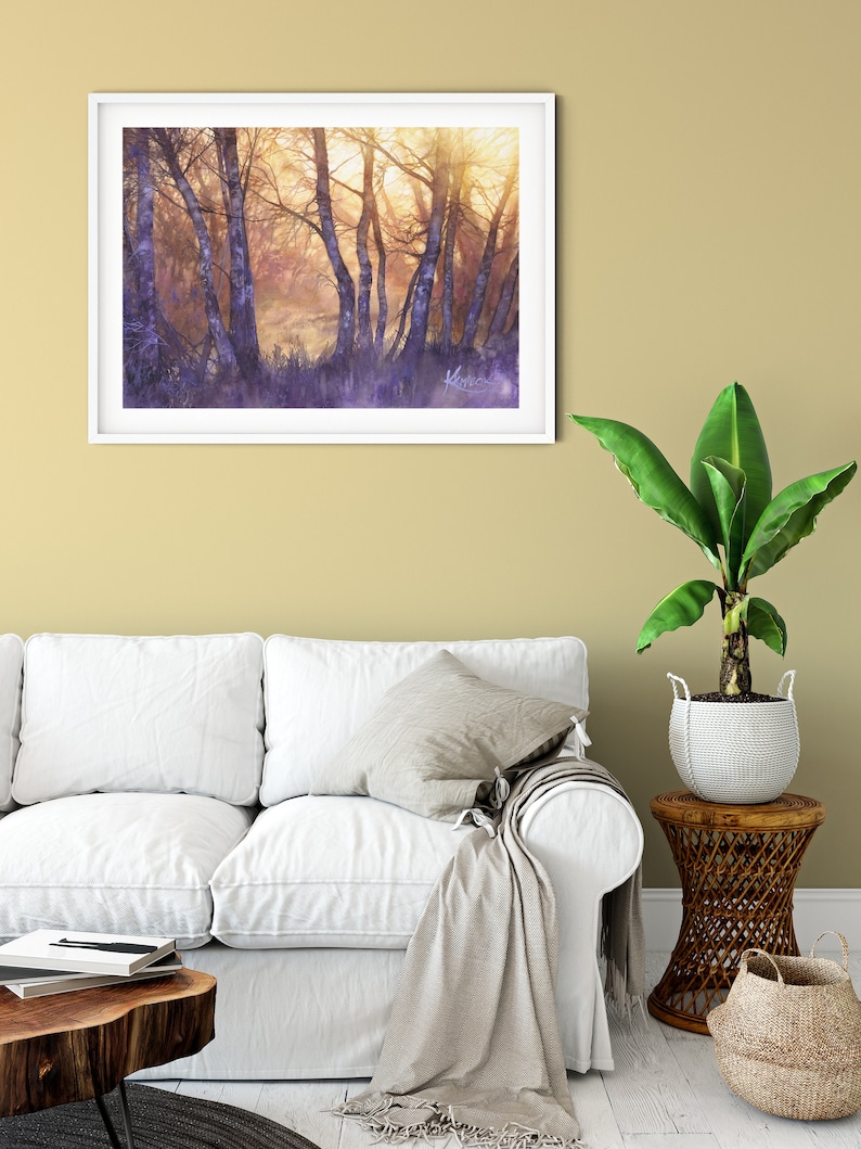 sunny treescape, watercolor painting wall art prints, aquarelle print, moody landscape painting, forest light, purple trees watercolor image 6