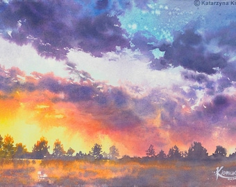 atmospheric sunset watercolor painting, colorful sky watercolor, original watercolor landscape, aquarelle, pastel colors wall art