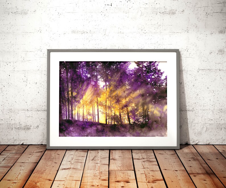 woodland landscape painting, original watercolor, purple trees watercolor painting, bedroom wall decor, sunset light, violet forest art image 9