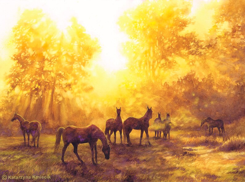 Pferde Aquarell Malerei Druck Pferd Wandkunst, Geschenk für Pferdeliebhaber, gelbe Aquarell Wandkunst, Pferde auf der Wiese, Pferdeliebhaber Druck Bild 3
