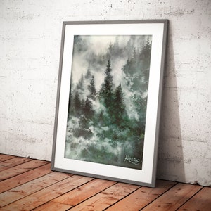 misty mountains forest watercolor, aquarelle artwork, foggy landscape watercolor painting, trees wall art prints, green theme pictures image 2