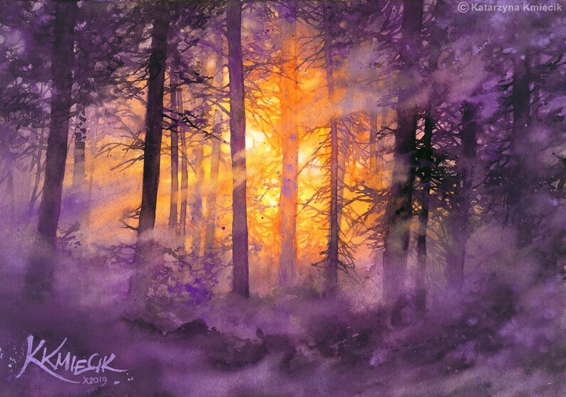 moody watercolor painting print, woodland, misty forest wall art prints, purple trees watercolor, tree lover gift idea, purple theme picture image 3