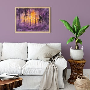 moody watercolor painting print, woodland, misty forest wall art prints, purple trees watercolor, tree lover gift idea, purple theme picture image 9