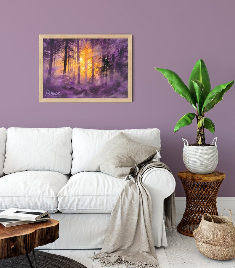 moody watercolor painting print, woodland, misty forest wall art prints, purple trees watercolor, tree lover gift idea, purple theme picture image 9