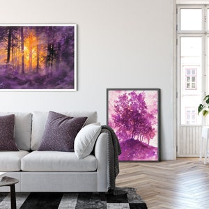 moody watercolor painting print, woodland, misty forest wall art prints, purple trees watercolor, tree lover gift idea, purple theme picture image 8