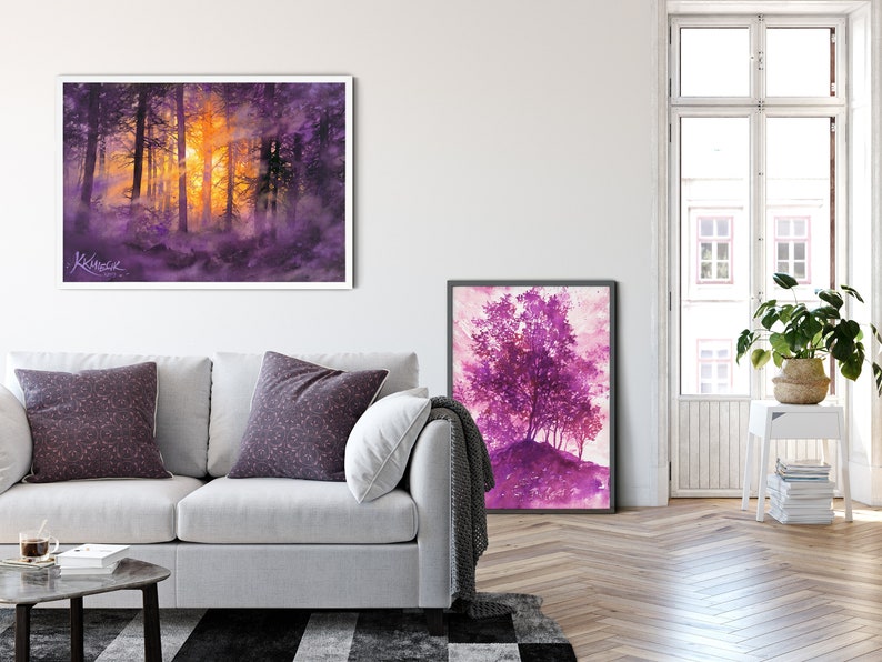 moody watercolor painting print, woodland, misty forest wall art prints, purple trees watercolor, tree lover gift idea, purple theme picture image 8