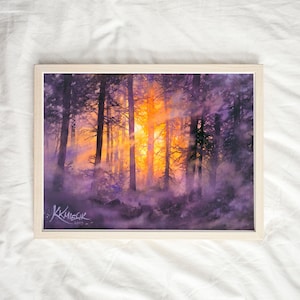 moody watercolor painting print, woodland, misty forest wall art prints, purple trees watercolor, tree lover gift idea, purple theme picture image 6