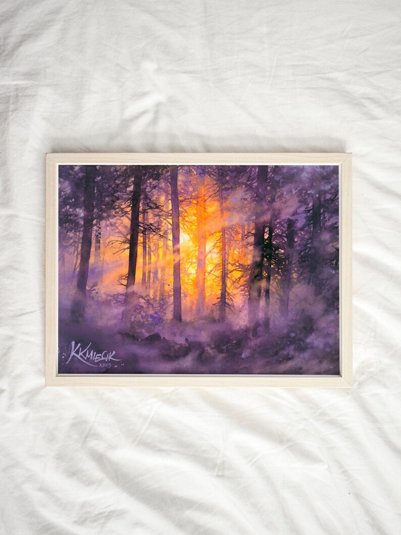 moody watercolor painting print, woodland, misty forest wall art prints, purple trees watercolor, tree lover gift idea, purple theme picture image 6