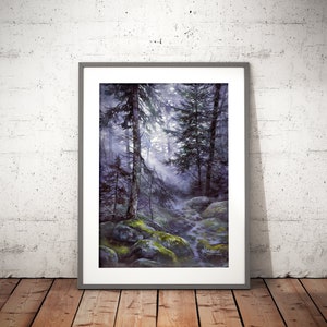 trees in the misty forest, woodland watercolor painting, aquarelle originale, original watercolor landscape, tree hugger gift, treescape image 5