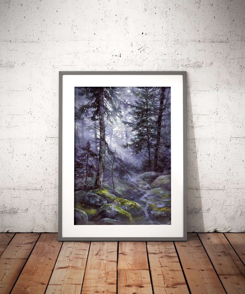 trees in the misty forest, woodland watercolor painting, aquarelle originale, original watercolor landscape, tree hugger gift, treescape image 5