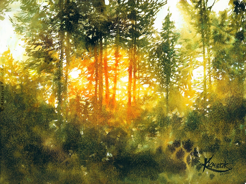 sunset trees original watercolor painting, aquarelle art, nature wall art, semi-abstract watercolor landscape, green wall decor, warm light image 1