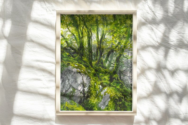 watercolor forest wall art prints, treescape, woodland painting, tree hugger gift, mossy rocks, trees watercolor, green theme pictures image 5