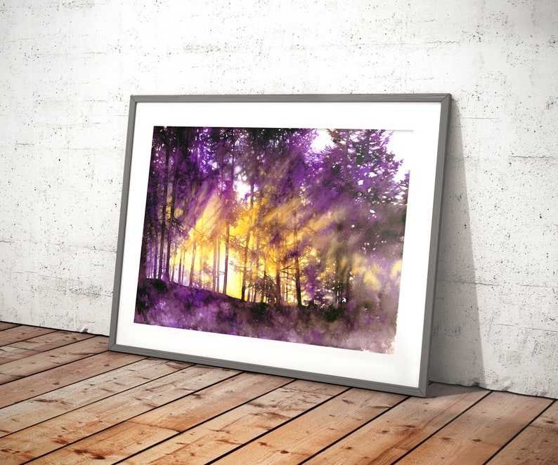 woodland landscape painting, original watercolor, purple trees watercolor painting, bedroom wall decor, sunset light, violet forest art image 8