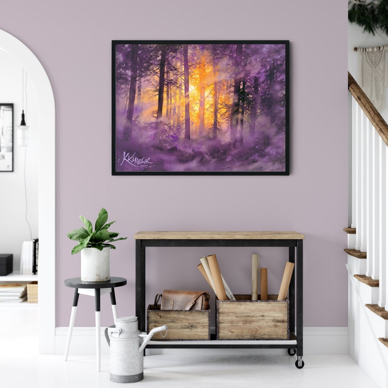 moody watercolor painting print, woodland, misty forest wall art prints, purple trees watercolor, tree lover gift idea, purple theme picture image 5