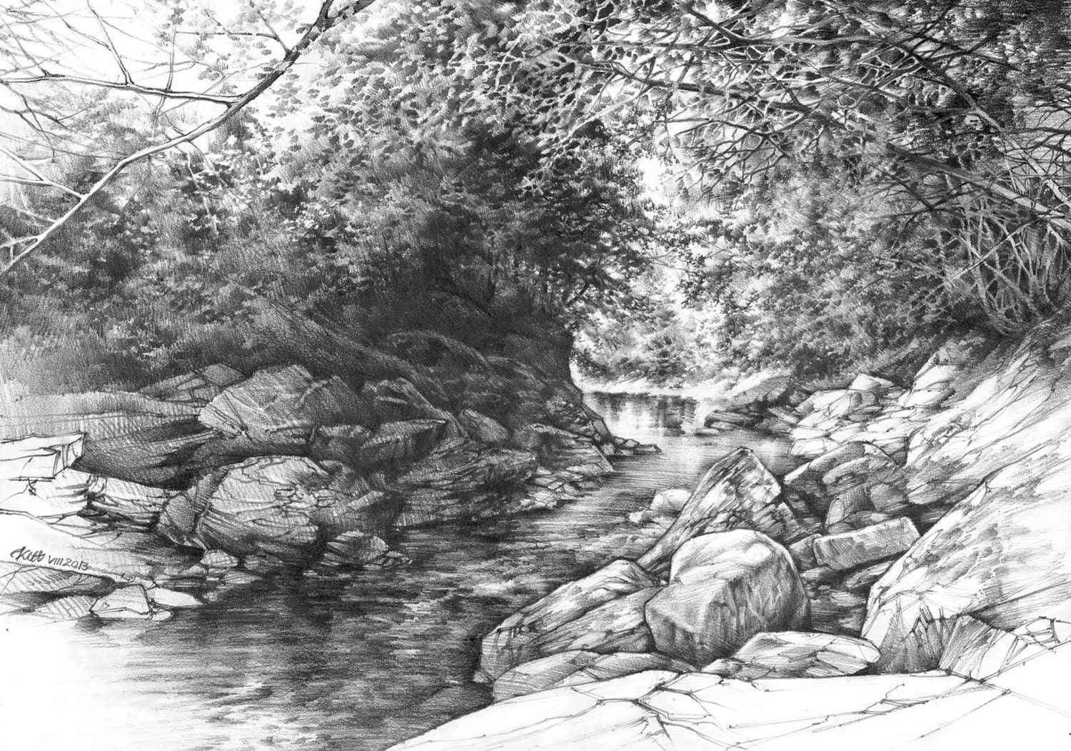 waterscape pencil trees drawing mountain river pencil landscape drawing print realistic water landscape nature sketch art print