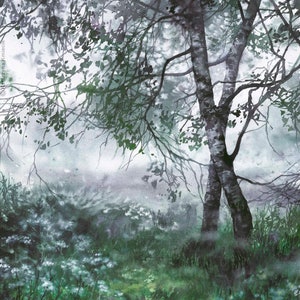 misty landscape painting print, aquarelle, birch trees watercolor painting, trees in the fog wall art prints, green artwork, tree artwork image 3