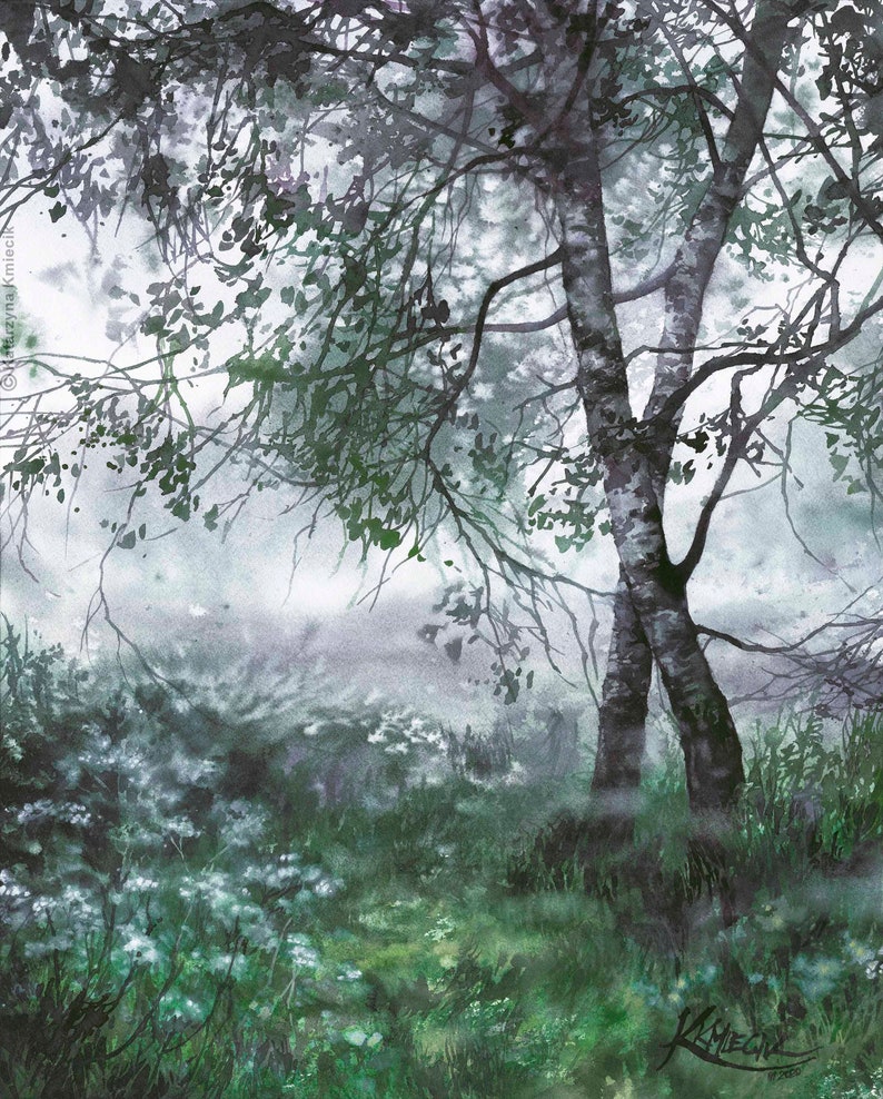 misty landscape painting print, aquarelle, birch trees watercolor painting, trees in the fog wall art prints, green artwork, tree artwork image 3