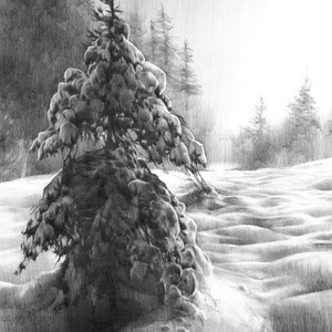 snowy tree drawing wall art prints, winter landscape print, Christmas wall decor, pencil drawing, snowscape, landscape drawing, pencil art image 3