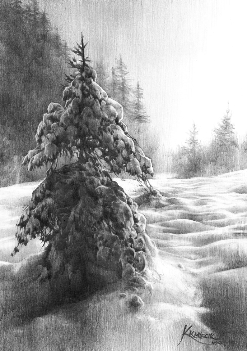 snowy tree drawing wall art prints, winter landscape print, Christmas wall decor, pencil drawing, snowscape, landscape drawing, pencil art image 3