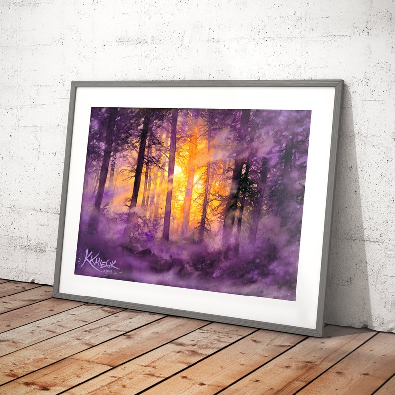 moody watercolor painting print, woodland, misty forest wall art prints, purple trees watercolor, tree lover gift idea, purple theme picture image 2