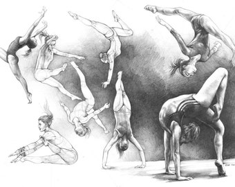 GYMNASTICS original drawing by Katarzyna Kmiecik / pencil figural drawing, realistic drawing, motivational art, sports decor, women sports