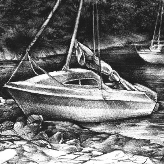 Sailing (Original Line Art, Pencil charcoal watercolour on paper) by Leni  Kae