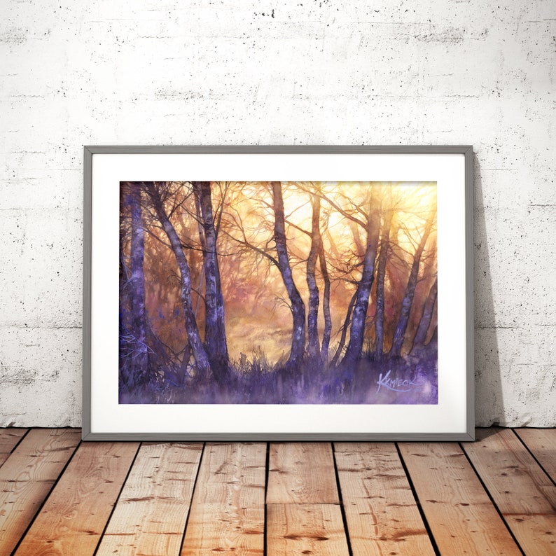 sunny treescape, watercolor painting wall art prints, aquarelle print, moody landscape painting, forest light, purple trees watercolor image 1