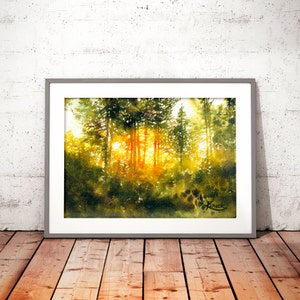 sunset trees original watercolor painting, aquarelle art, nature wall art, semi-abstract watercolor landscape, green wall decor, warm light image 3