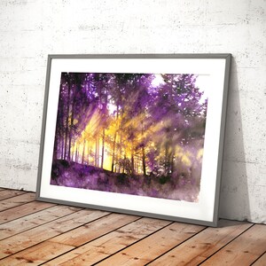 art print of minimalistic watercolor landscape watercolor forest print, purple forest, tree artwork, nature lover gift image 2