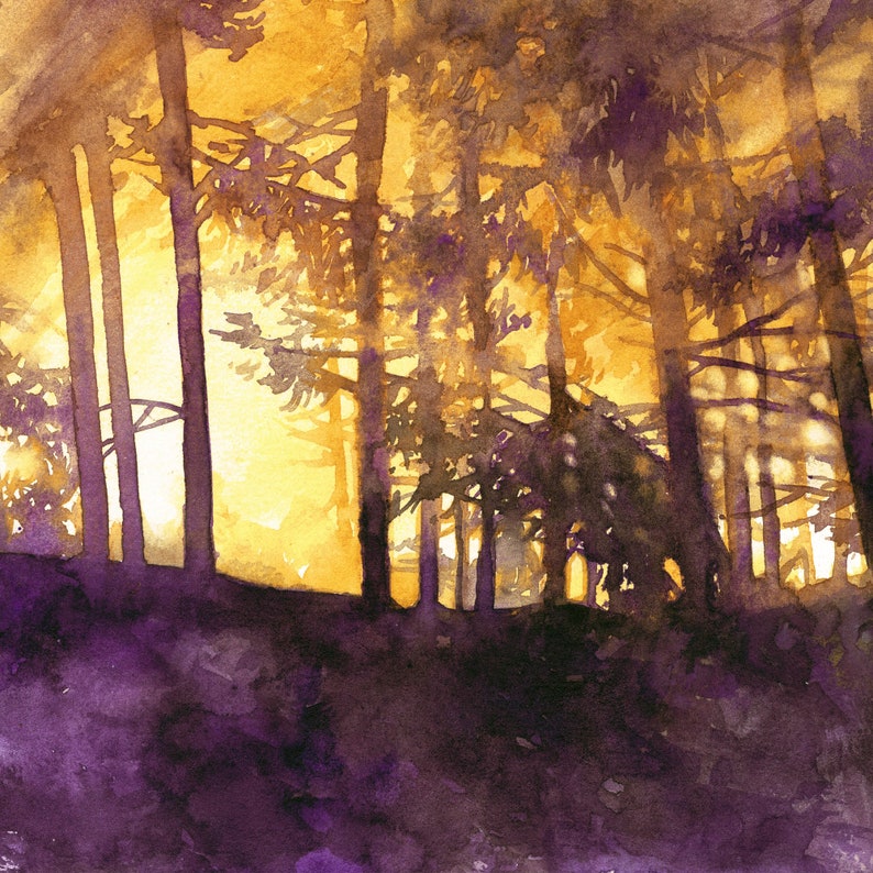 woodland landscape painting, original watercolor, purple trees watercolor painting, bedroom wall decor, sunset light, violet forest art image 4