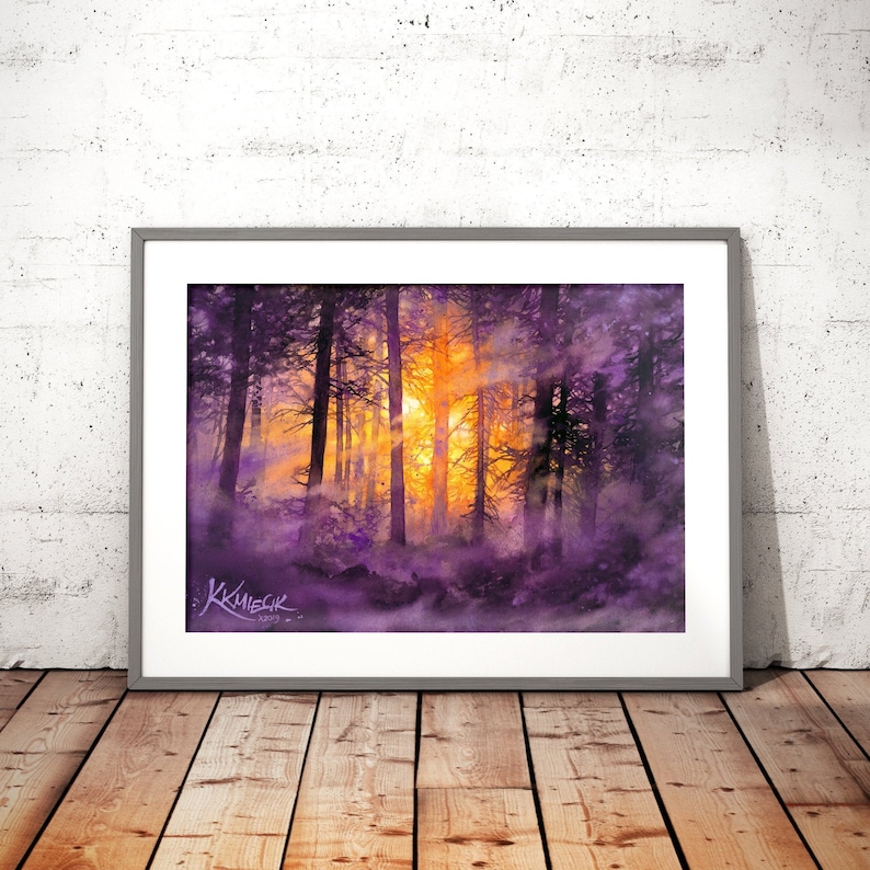 moody watercolor painting print, woodland, misty forest wall art prints, purple trees watercolor, tree lover gift idea, purple theme picture image 1