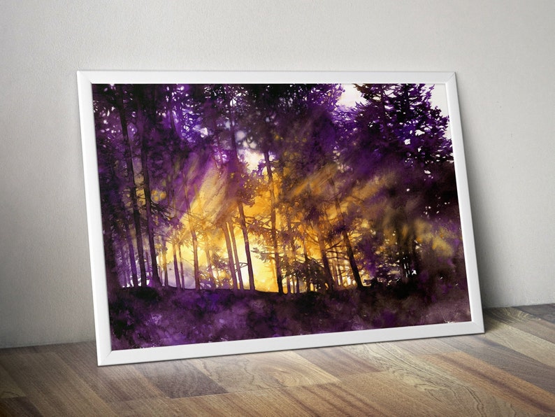 art print of minimalistic watercolor landscape watercolor forest print, purple forest, tree artwork, nature lover gift image 9