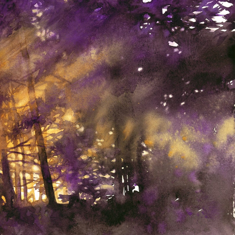 woodland landscape painting, original watercolor, purple trees watercolor painting, bedroom wall decor, sunset light, violet forest art image 5