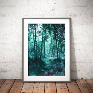 winter woodland painting, original watercolor, turquoise trees watercolor painting, blue green forest art, gift for wife, trees original art image 3