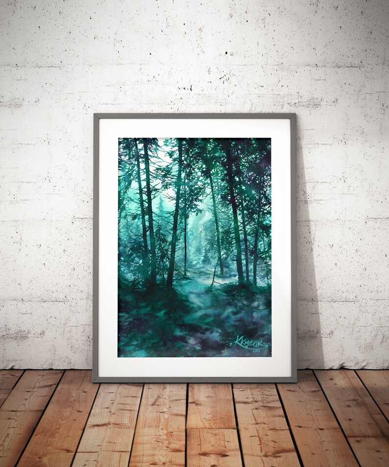 winter woodland painting, original watercolor, turquoise trees watercolor painting, blue green forest art, gift for wife, trees original art image 3