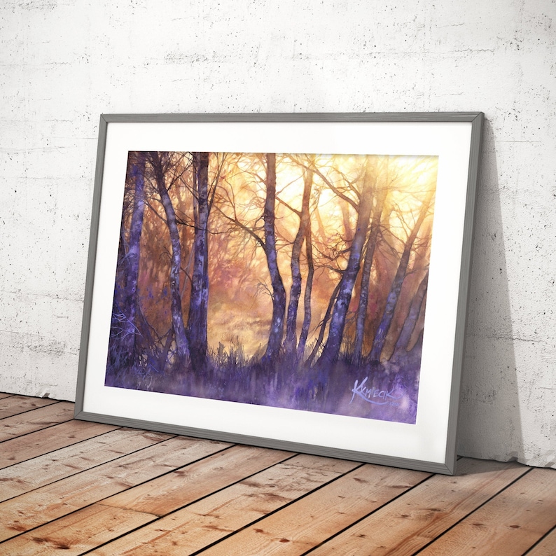 sunny treescape, watercolor painting wall art prints, aquarelle print, moody landscape painting, forest light, purple trees watercolor image 2