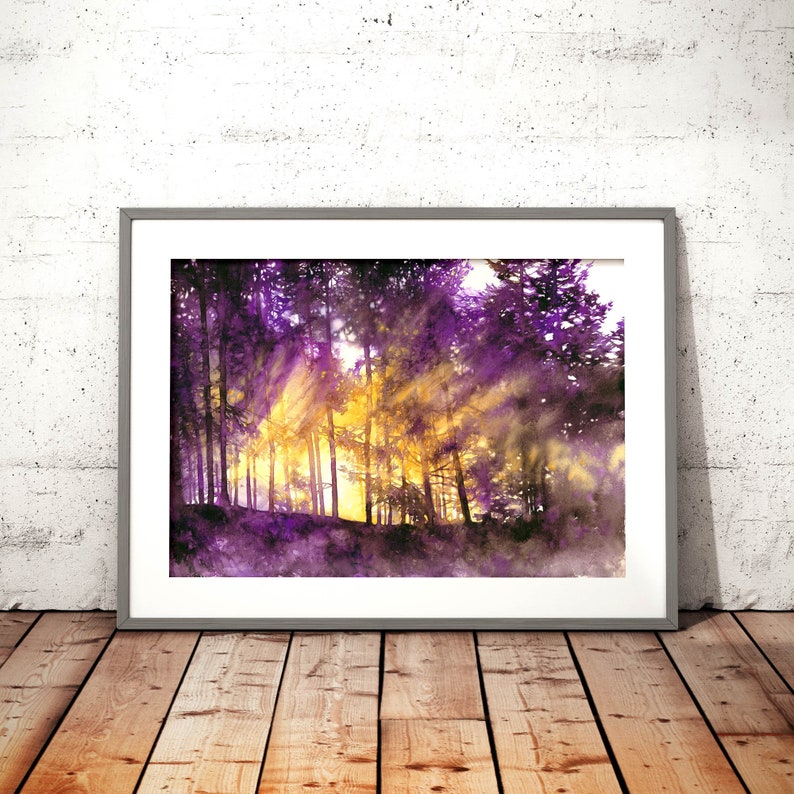 art print of minimalistic watercolor landscape watercolor forest print, purple forest, tree artwork, nature lover gift image 1