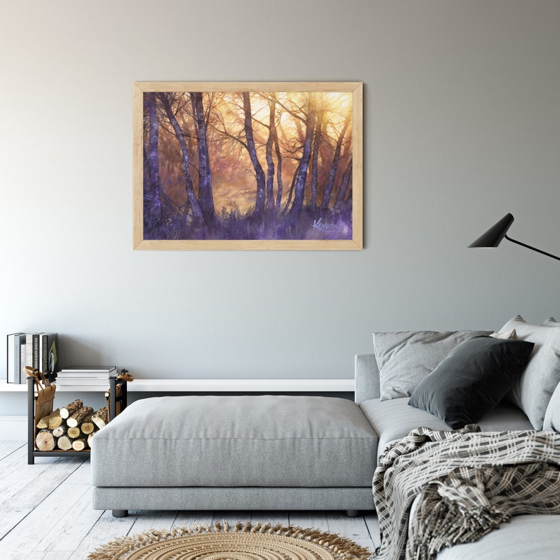 sunny treescape, watercolor painting wall art prints, aquarelle print, moody landscape painting, forest light, purple trees watercolor image 7