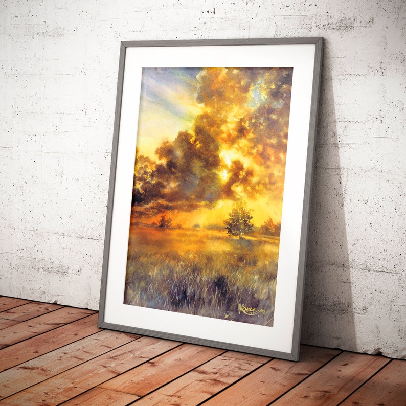 cloudy sky painting print, sunset sky wall art prints, moody watercolor landscape, sunset clouds, warm sunset light, above bed wall decor image 2