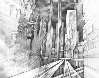 city of the future ORIGINAL art by Katarzyna Kmiecik / pencil sketch, futuristic vision, future architecture, science fiction art, realistic