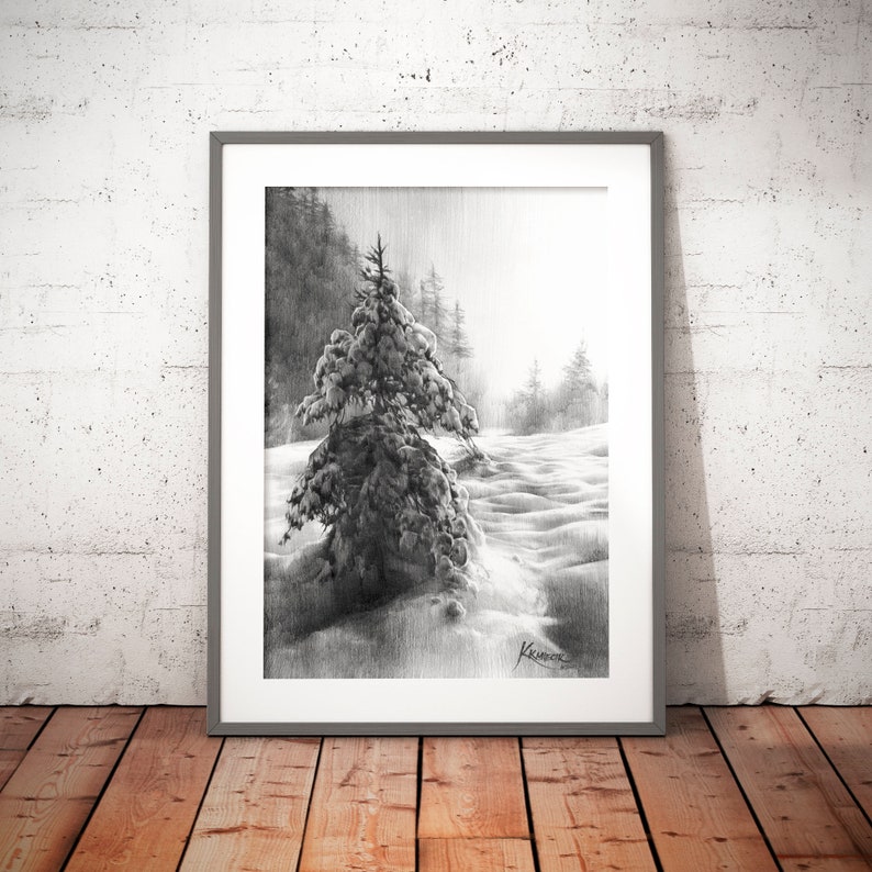 snowy tree drawing wall art prints, winter landscape print, Christmas wall decor, pencil drawing, snowscape, landscape drawing, pencil art image 1