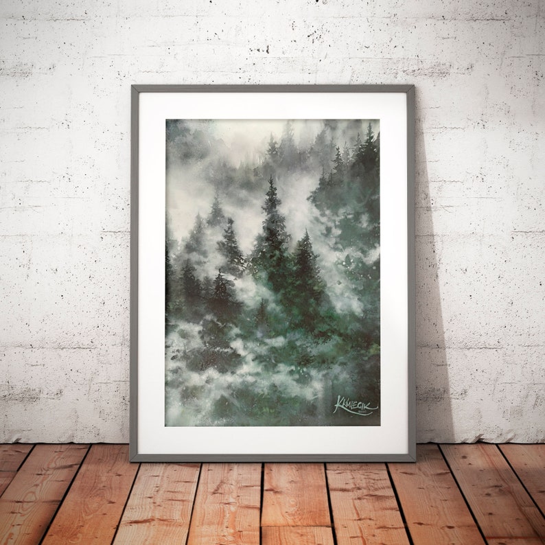 misty mountains forest watercolor, aquarelle artwork, foggy landscape watercolor painting, trees wall art prints, green theme pictures image 1