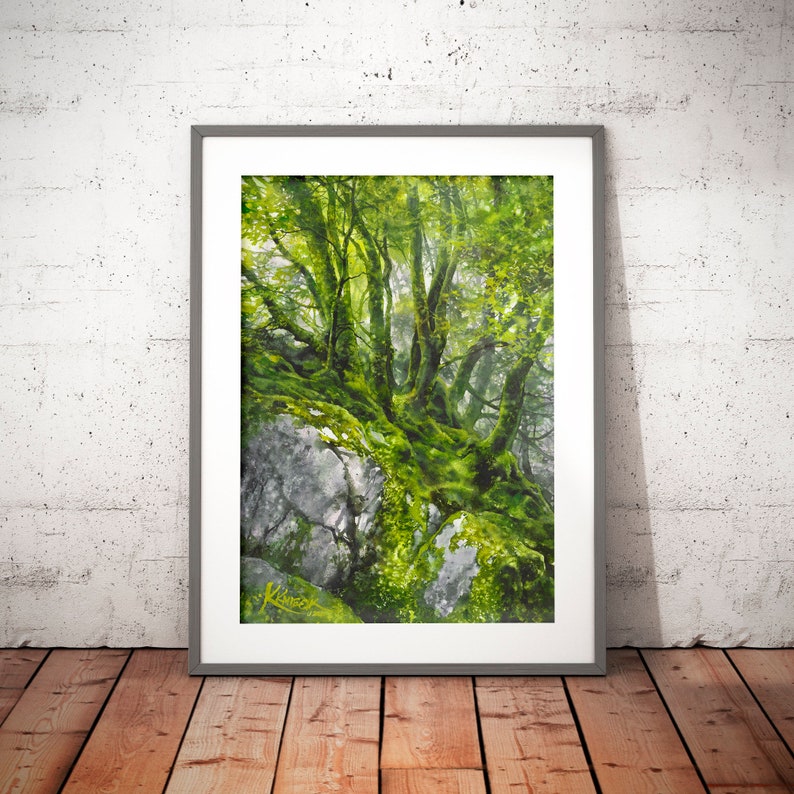 watercolor forest wall art prints, treescape, woodland painting, tree hugger gift, mossy rocks, trees watercolor, green theme pictures image 1