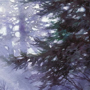 trees in the misty forest, woodland watercolor painting, aquarelle originale, original watercolor landscape, tree hugger gift, treescape image 4